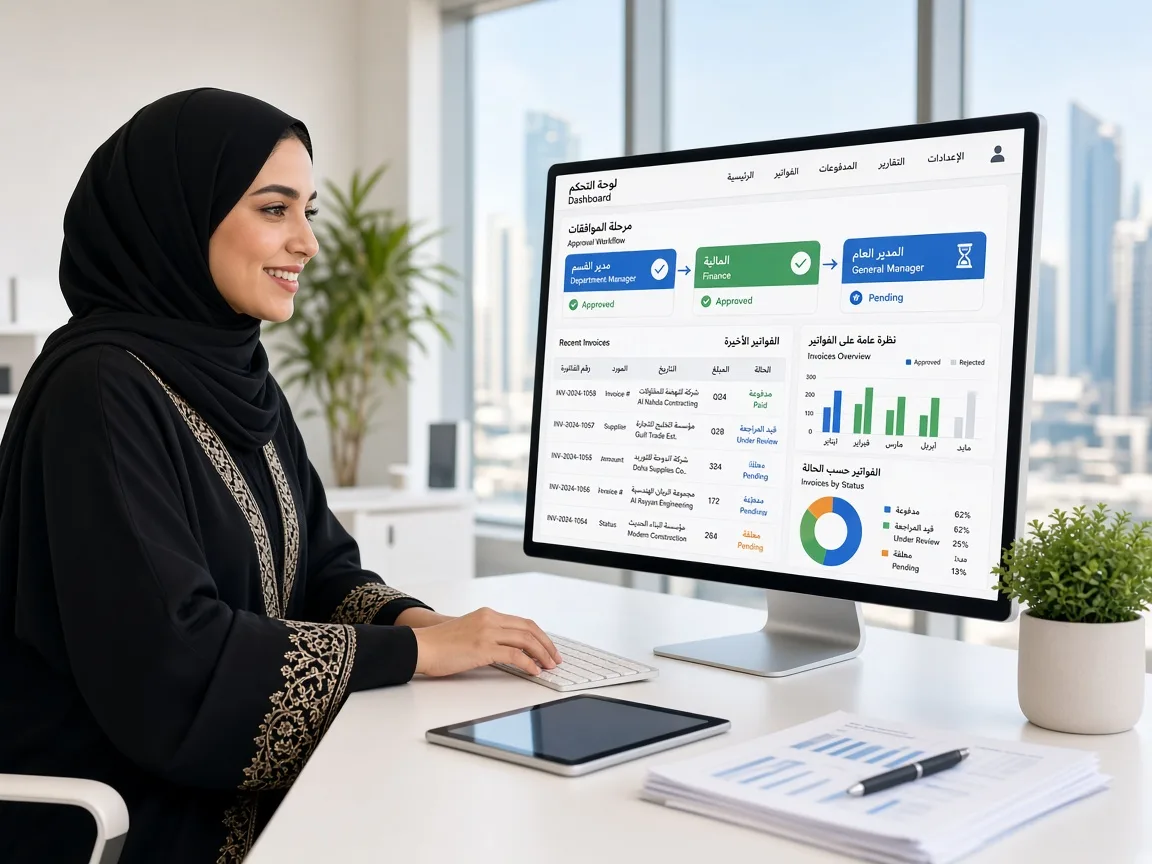 Qatari finance manager using a bilingual Arabic and English custom business dashboard with approval workflows and invoice reports