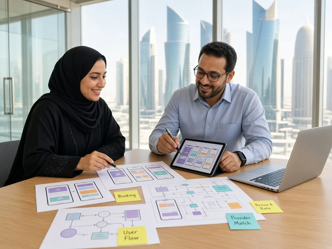 Qatari business owner reviewing handyman booking app wireframes and user flows with an app consultant in a Lusail meeting room