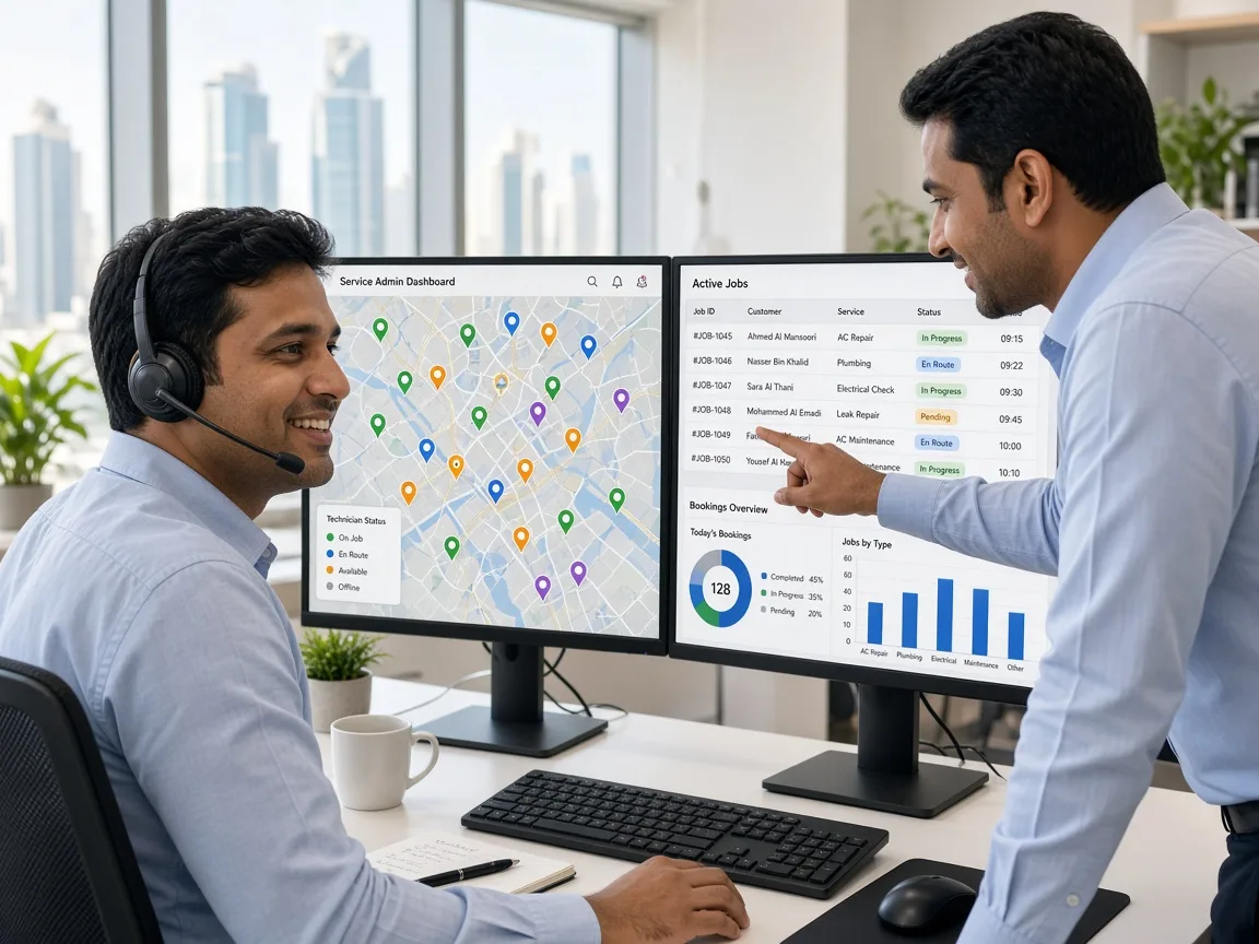 Operations manager tracking technicians on a live map and active job list in a handyman admin dashboard in a Doha office