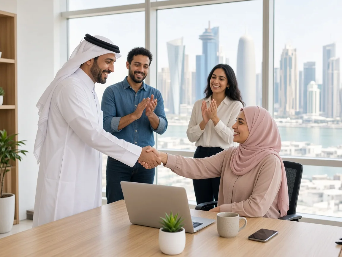 Team welcoming a new mobile developer on her first day in a bright Doha office