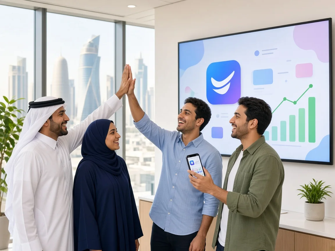 Product team celebrating a successful mobile app launch in a bright Qatar office