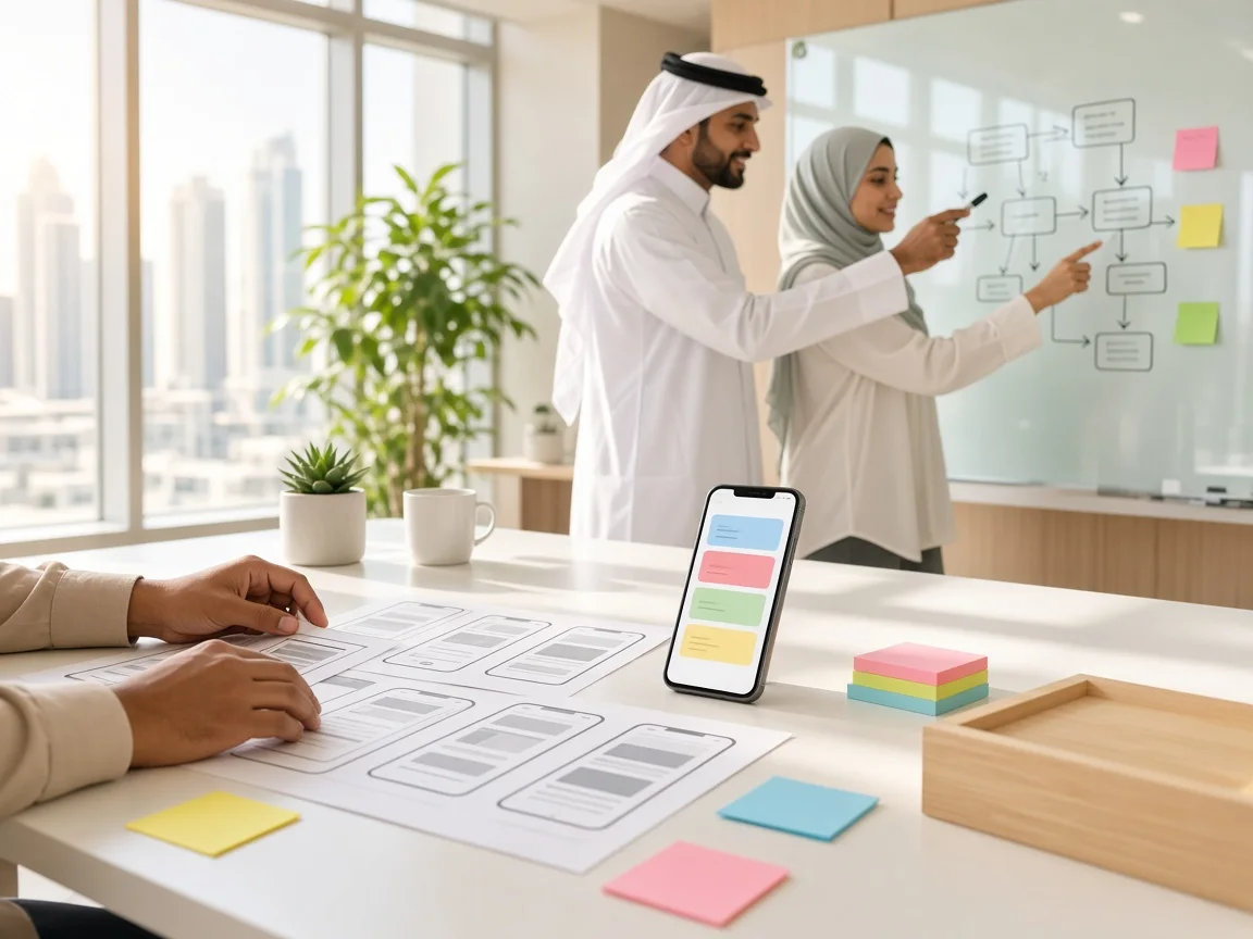 Product team mapping a mobile app user flow with wireframes and sticky notes in a bright Qatar office