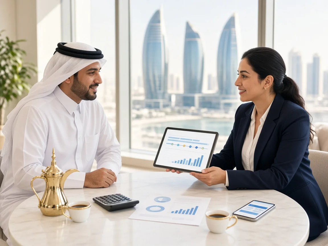 Qatari business owner reviewing an app development plan and budget with a technology consultant