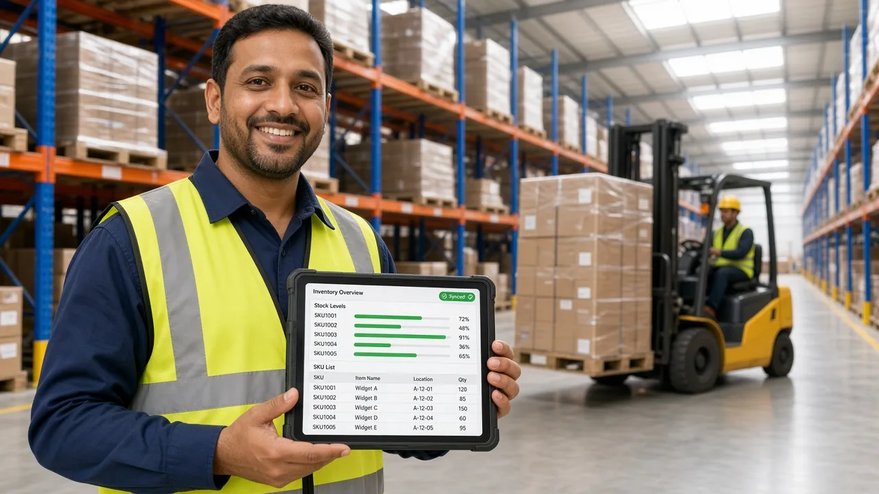 Warehouse supervisor in a Qatar logistics warehouse holding a tablet with custom inventory management software while a forklift moves pallets