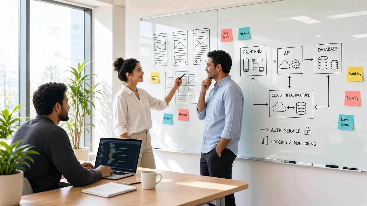 UX designer and software architect planning wireframes and a frontend, API, database and cloud architecture diagram on a glass whiteboard