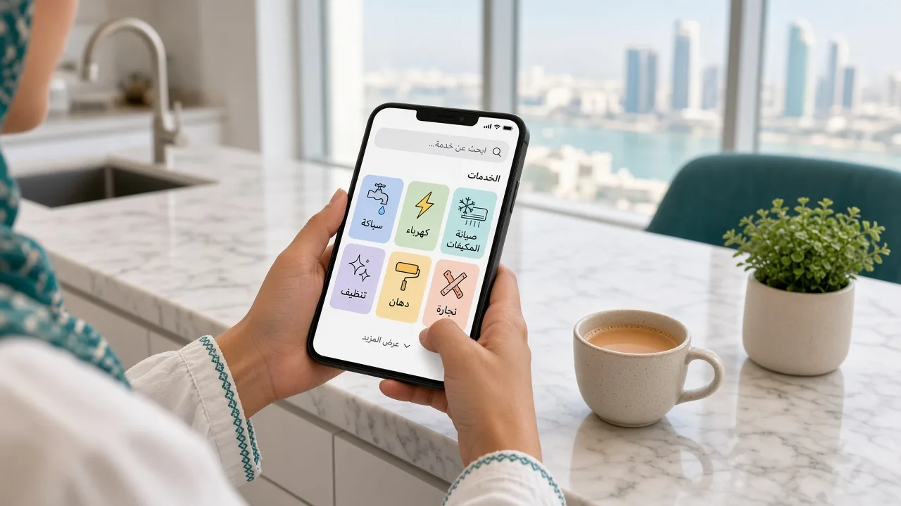 Customer browsing plumbing, electrical, AC repair, cleaning, painting and carpentry categories in an Arabic handyman app at a Doha apartment kitchen
