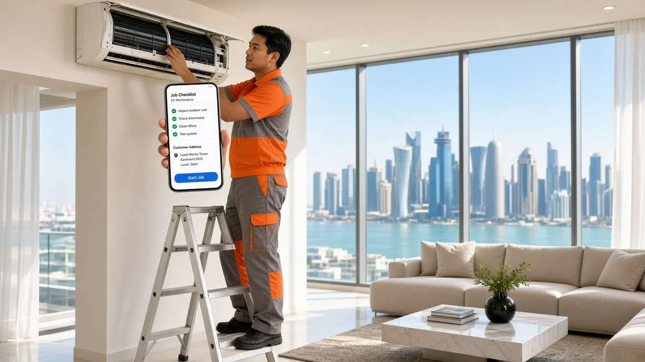 AC technician on a step ladder servicing a split air conditioner while checking a job checklist in a technician app inside a Doha apartment