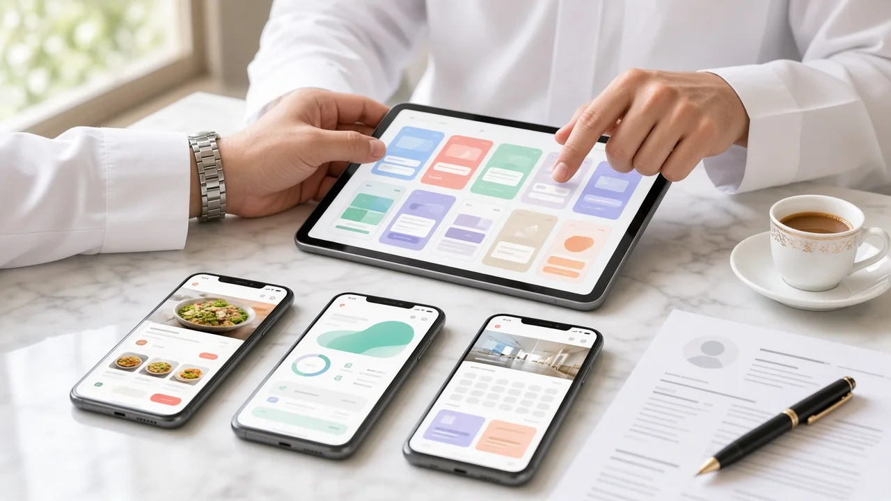 Hiring manager reviewing a mobile developer's portfolio of apps on a tablet and smartphones