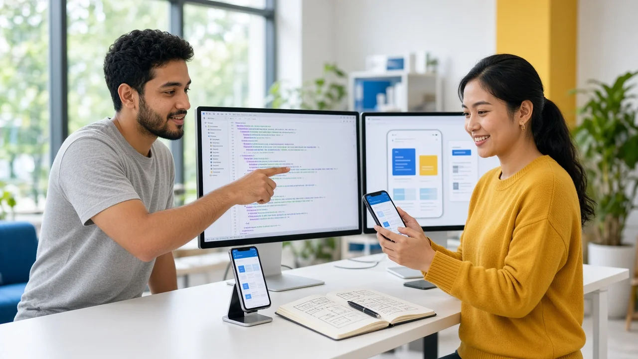Two mobile developers pair programming and testing an app on a smartphone in a bright office