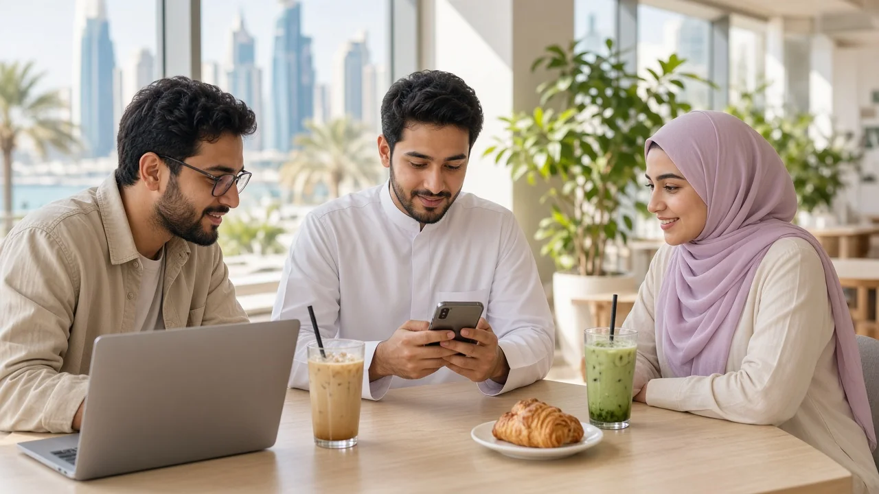 Startup founders watching a user test their MVP mobile app at a sunny Doha cafe