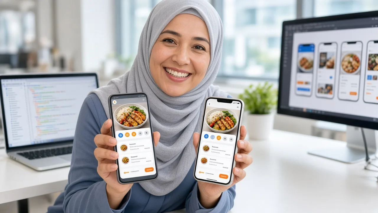Developer comparing the same food ordering app on an Android phone and an iPhone