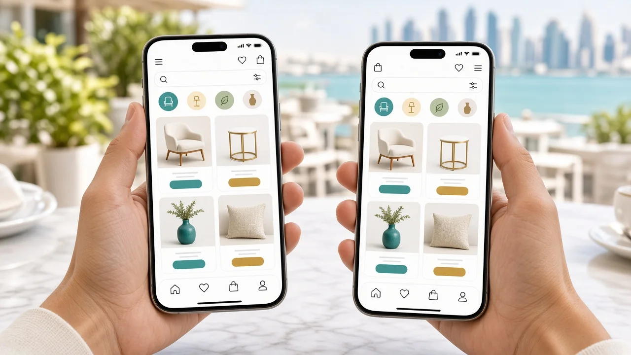 Two smartphones showing the same shopping app in right to left and left to right layouts at a Doha cafe