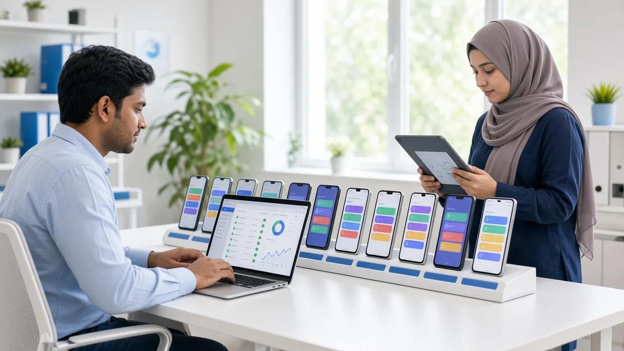 QA engineers testing a mobile app across a rack of smartphones and tablets in a bright office