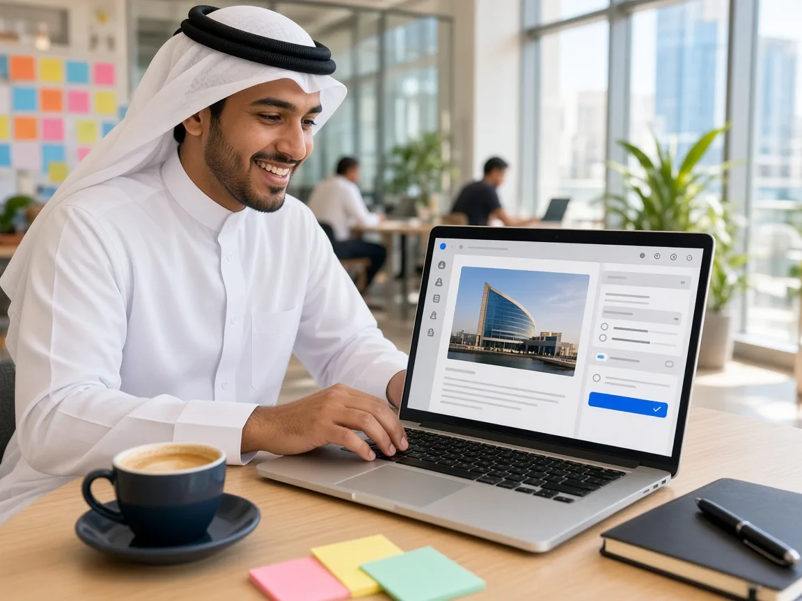 Startup founder publishing a first blog post from a simple CMS on a laptop