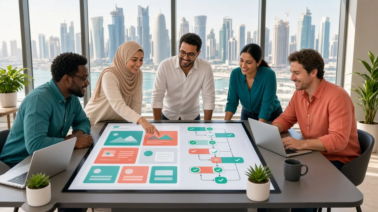 Content team in a bright Doha office collaborating on website pages in a CMS