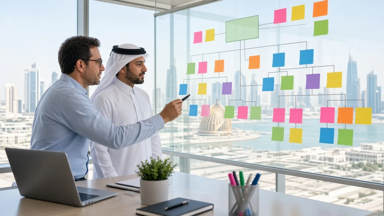 CMS consultant and client planning a content architecture on a whiteboard in Doha