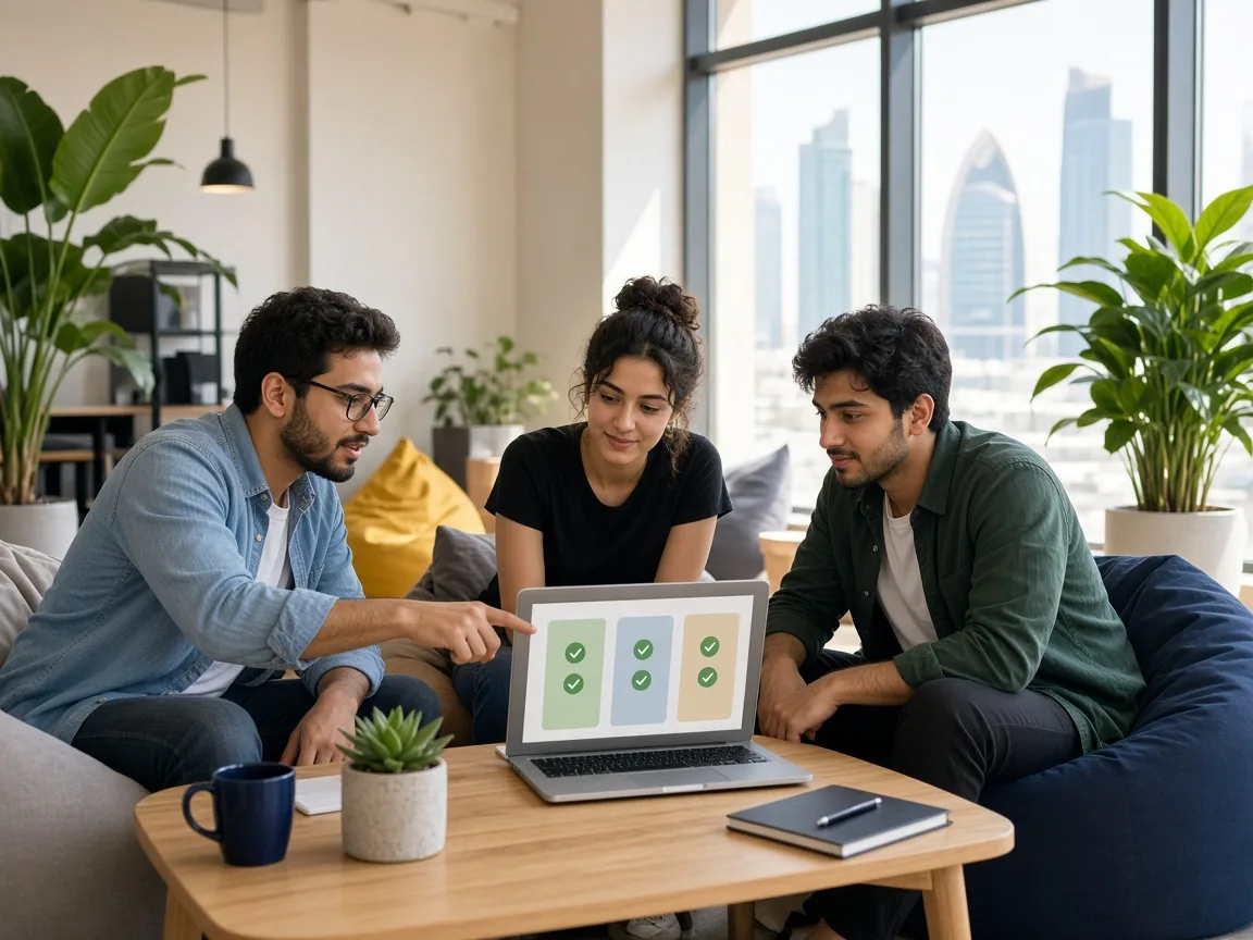 Startup engineers setting up their first automated deployment pipeline in Doha