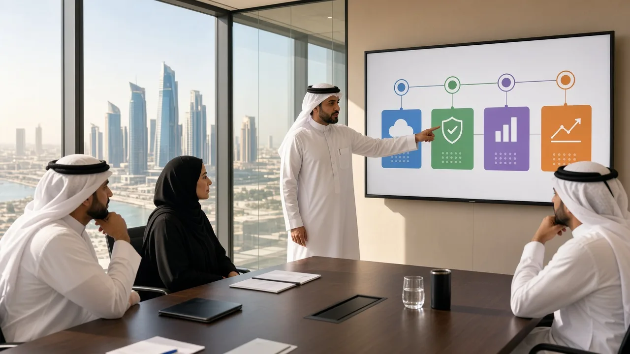 DevOps consultant presenting an implementation roadmap to business leaders in Lusail