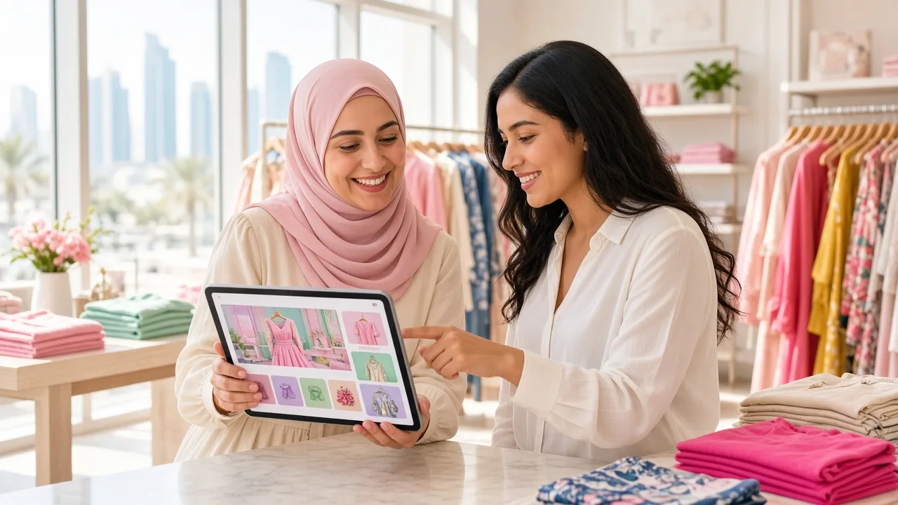 Boutique owner in Doha planning a shopping app for her store on a tablet