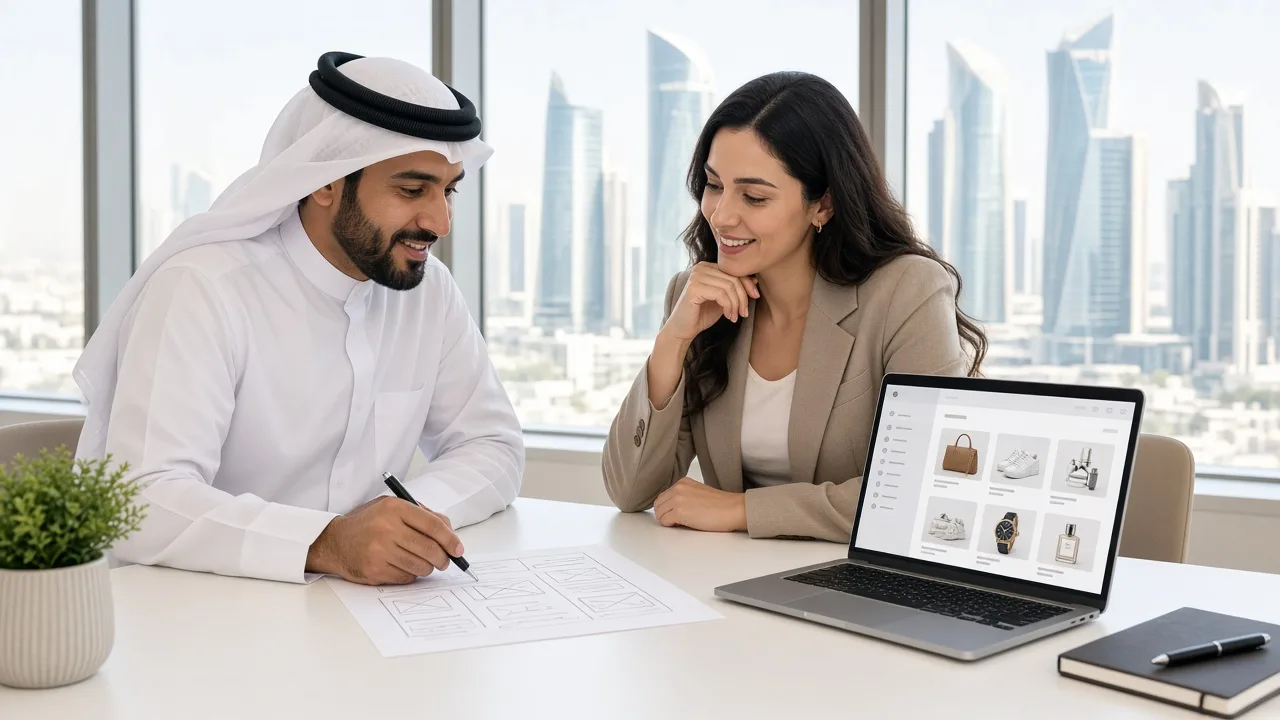 Retail business owner and ecommerce consultant reviewing a shopping app plan in Qatar