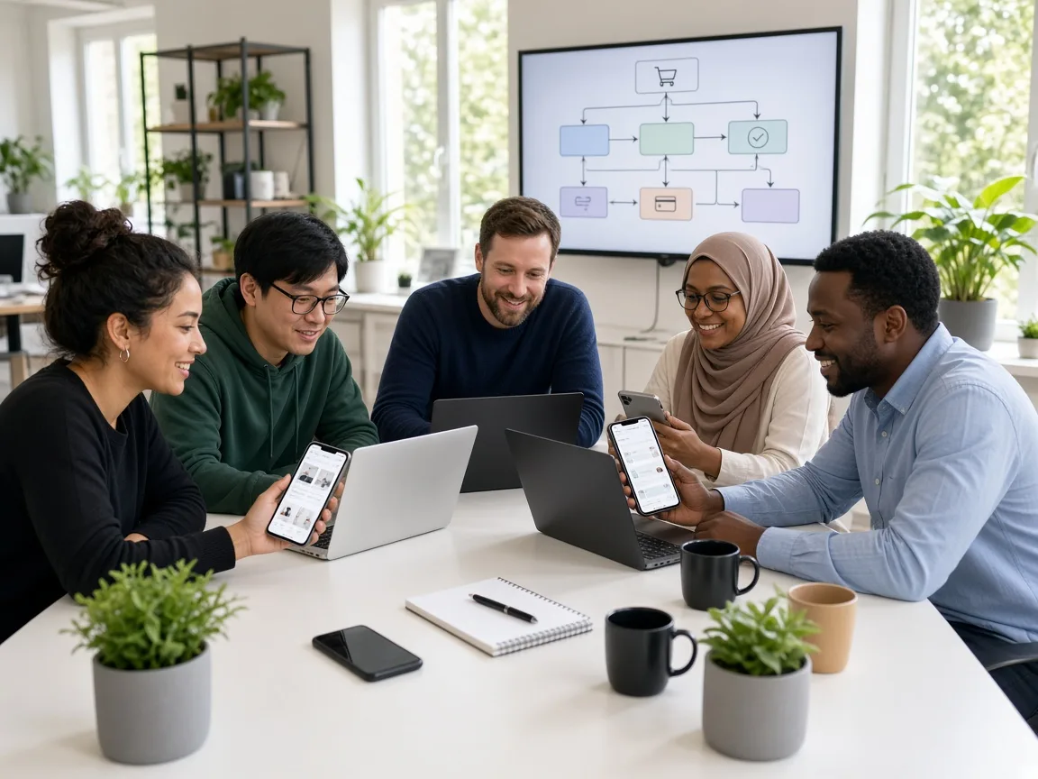 Full stack ecommerce application development team planning online shopping features