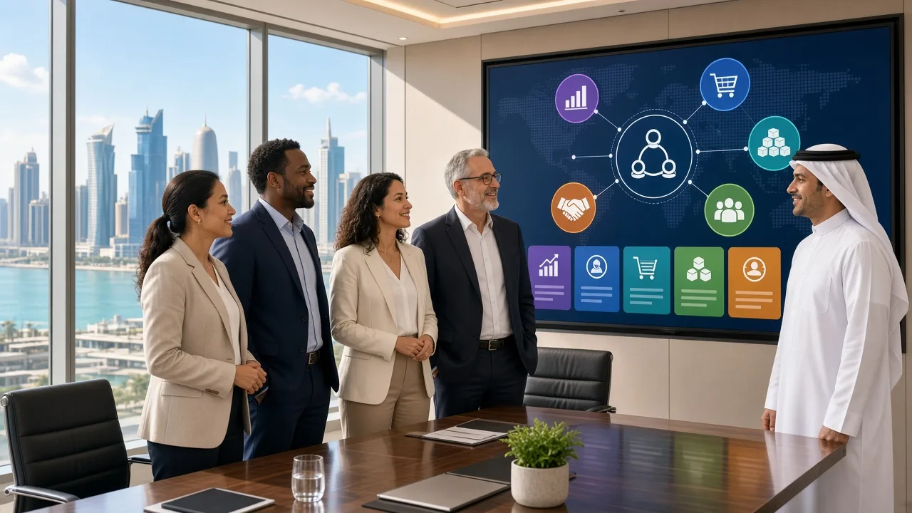 Business leaders in Doha reviewing connected ERP dashboards on a large screen