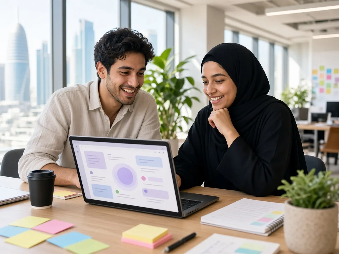 Startup founders reviewing the first release of their web product in a Doha coworking space