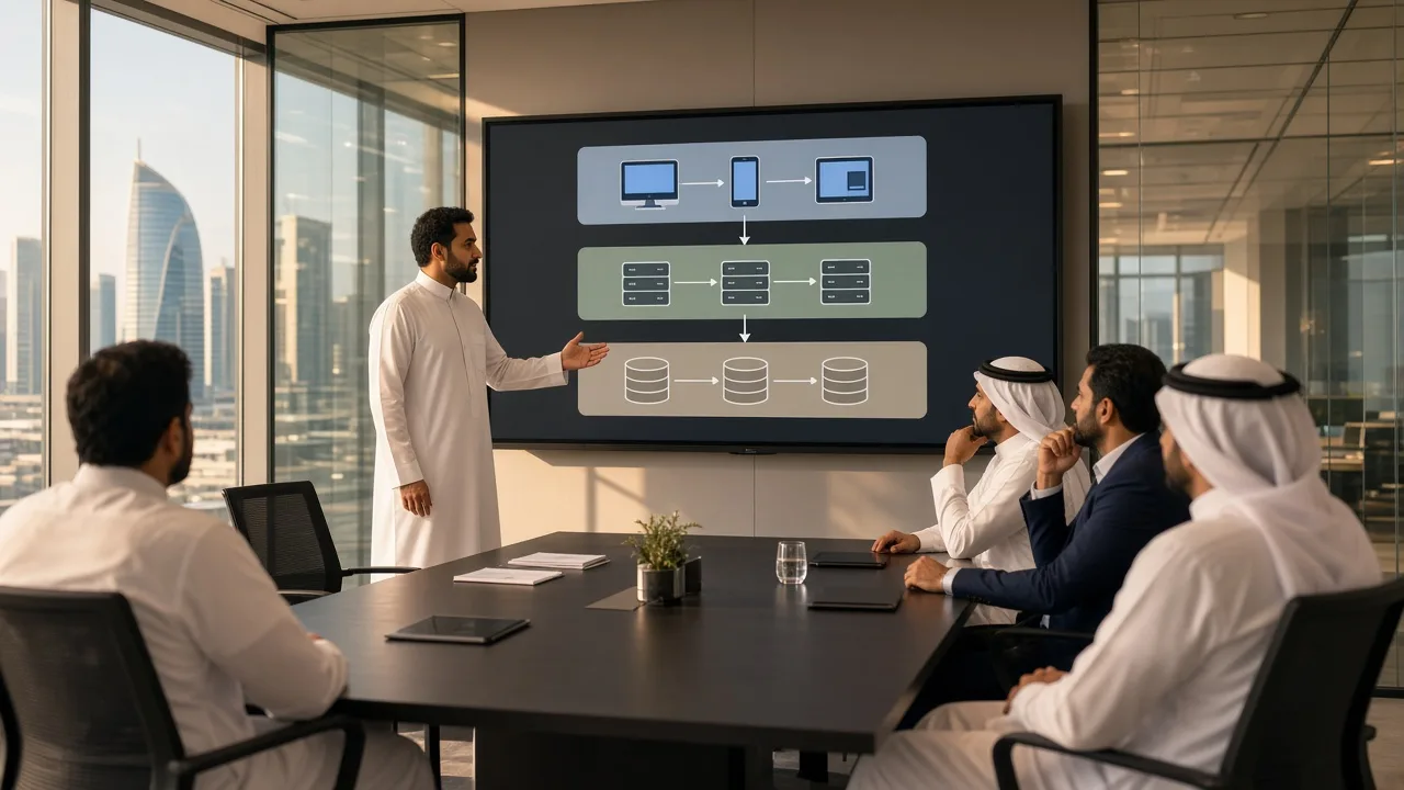 Engineering lead presenting a full stack architecture plan to business stakeholders in Lusail