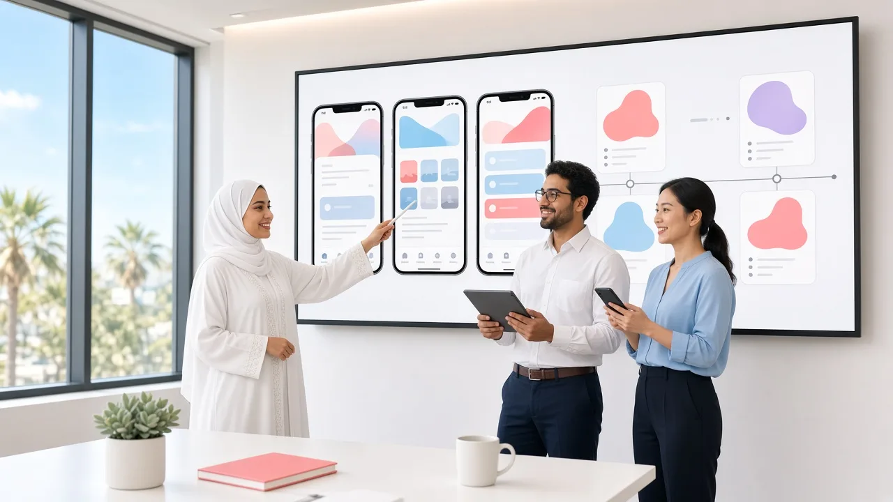 Business team reviewing an iOS app plan with developers on iPhone and iPad