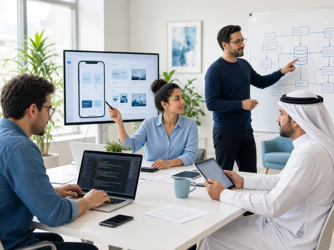iOS developers reviewing application designs and technical requirements with business stakeholders