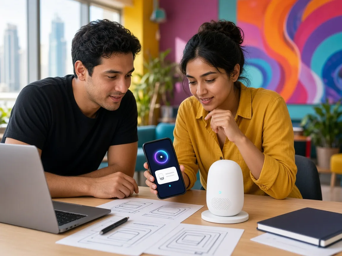 Startup founders testing a connected smart device with its companion mobile app