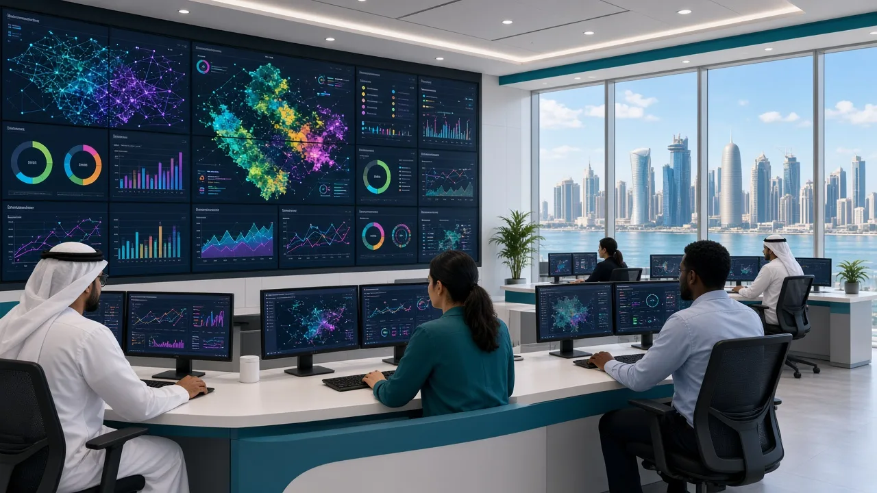 Control room team monitoring connected devices across a Doha facility