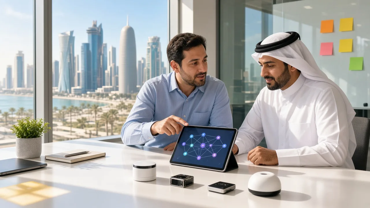 IoT consultant and client planning a connected device roadmap in a Doha office
