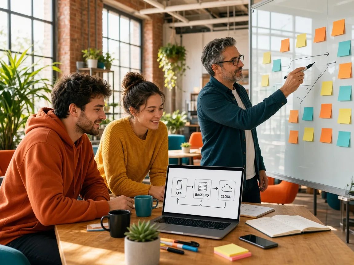 Startup founders reviewing a technology stack with an IT consultant