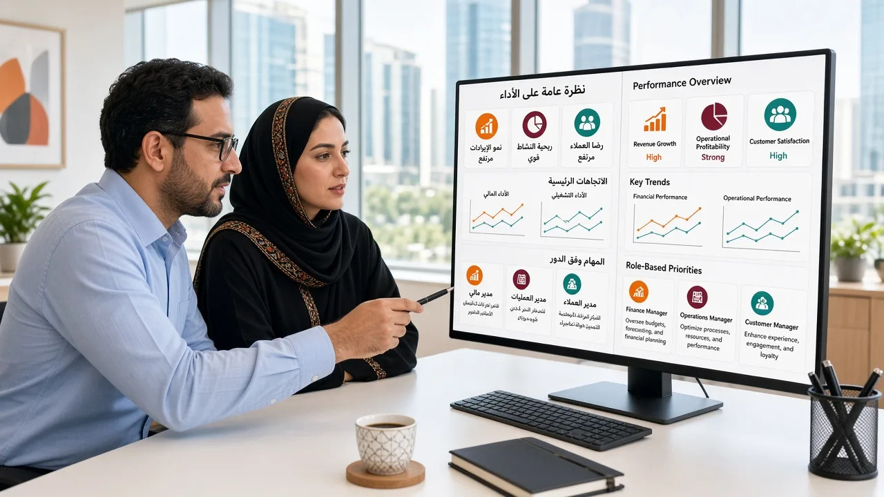 IT consultant reviewing an Arabic and English business dashboard with a Qatar client