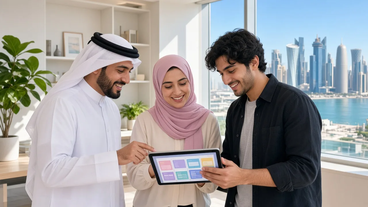 Business team in Doha planning a new mobile app on a tablet
