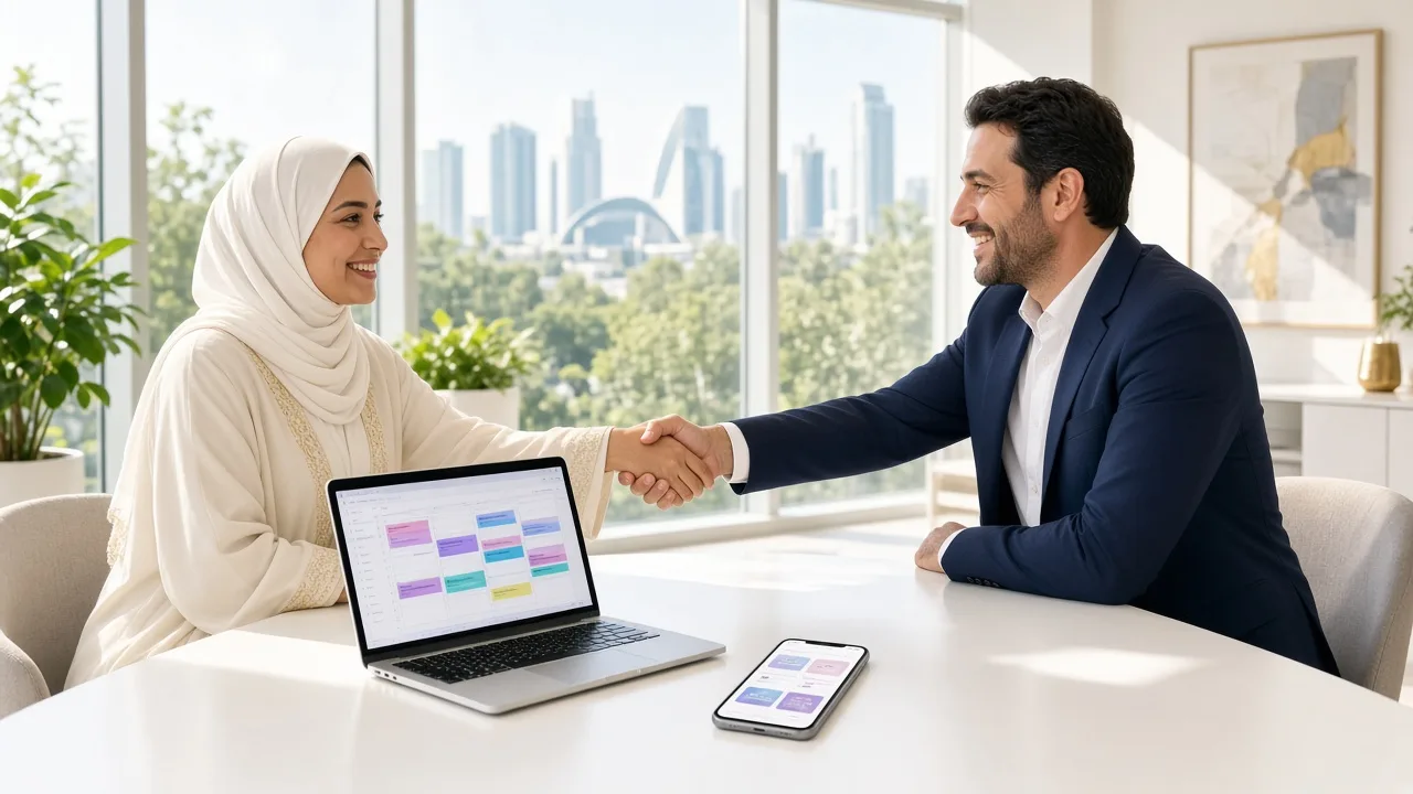 Client and app developer reviewing a mobile app project plan in Qatar