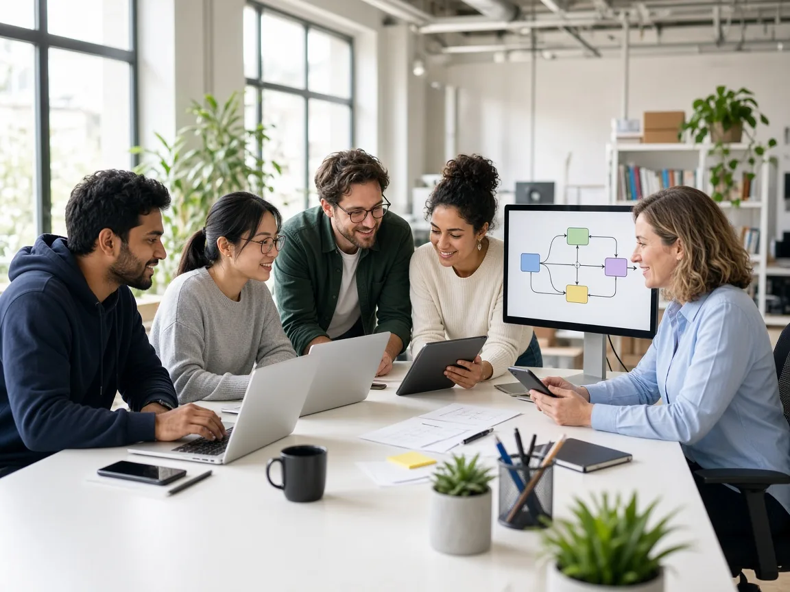 Full stack IT outsourcing team coordinating mobile applications and backend development