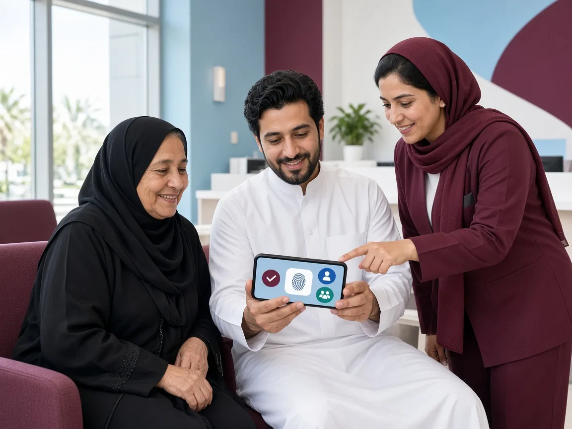 Residents completing a public service form in a well maintained mobile app