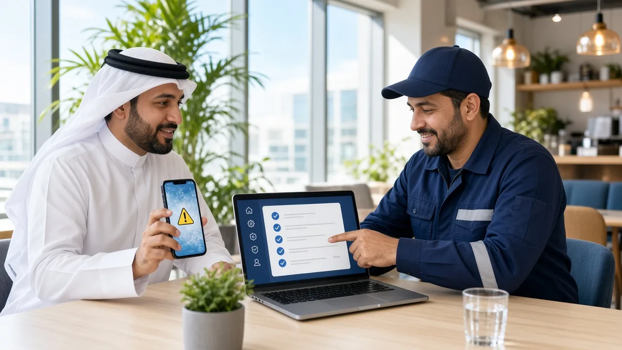 Business owner showing an app issue on a phone to a maintenance specialist