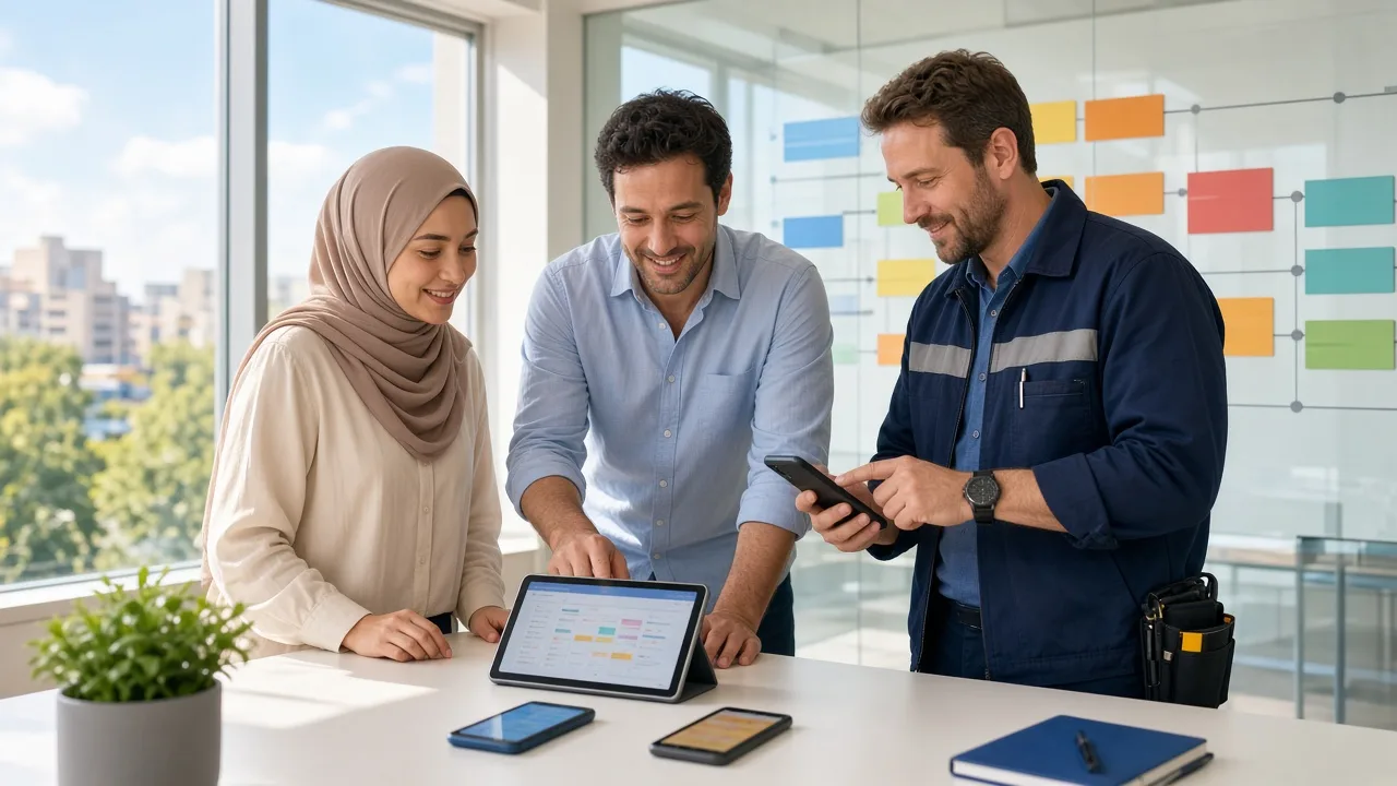 Business team and maintenance engineer reviewing a mobile app update plan