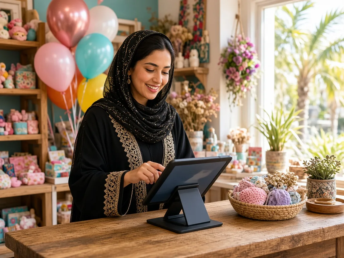 Owner of a new boutique processing a first sale on a simple tablet POS