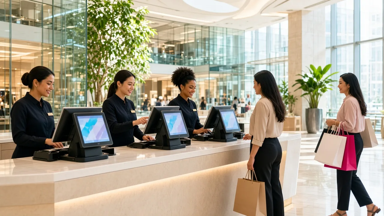 Busy Doha store checkout with cashiers using modern POS terminals