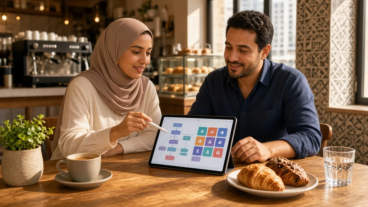 Cafe owner and POS consultant planning checkout workflows on a tablet in Qatar