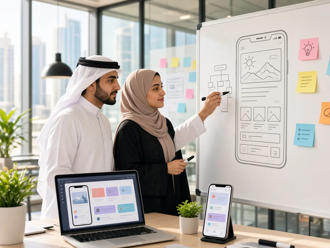 Startup founders testing their first installable web app on phones in a Doha coworking space
