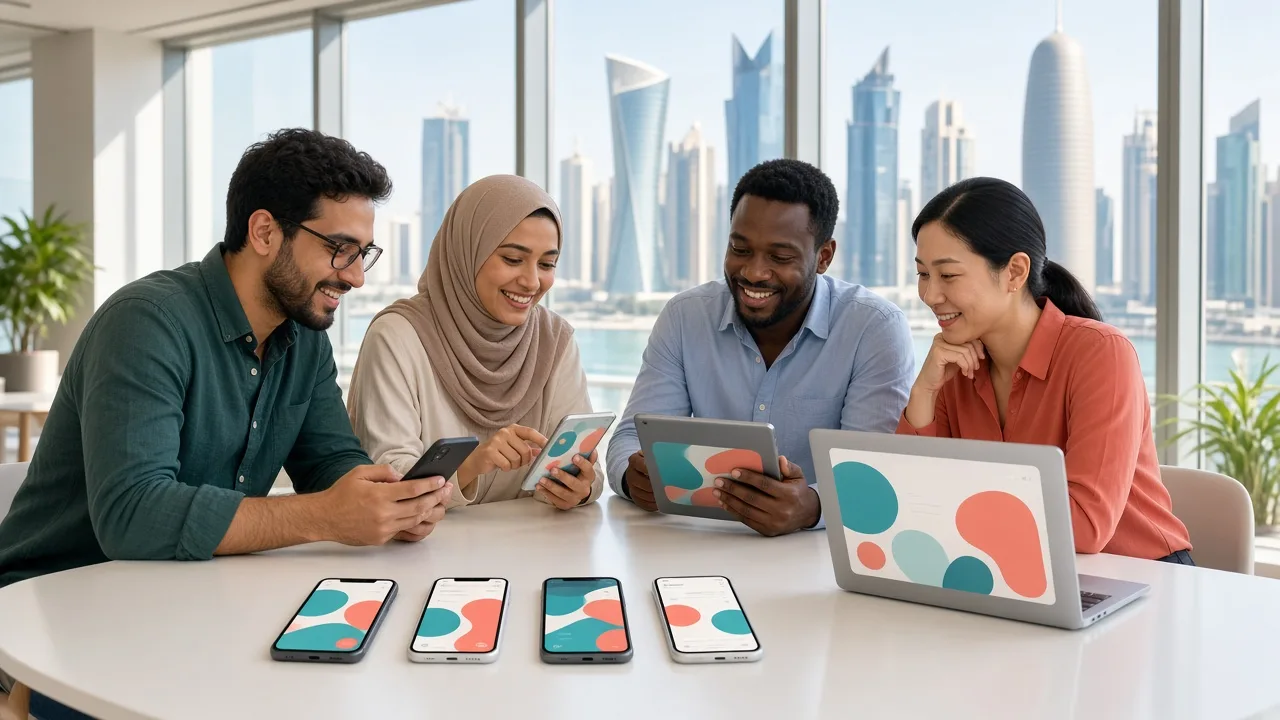 Product team in Doha testing an installable web app across phones, tablets, and laptops