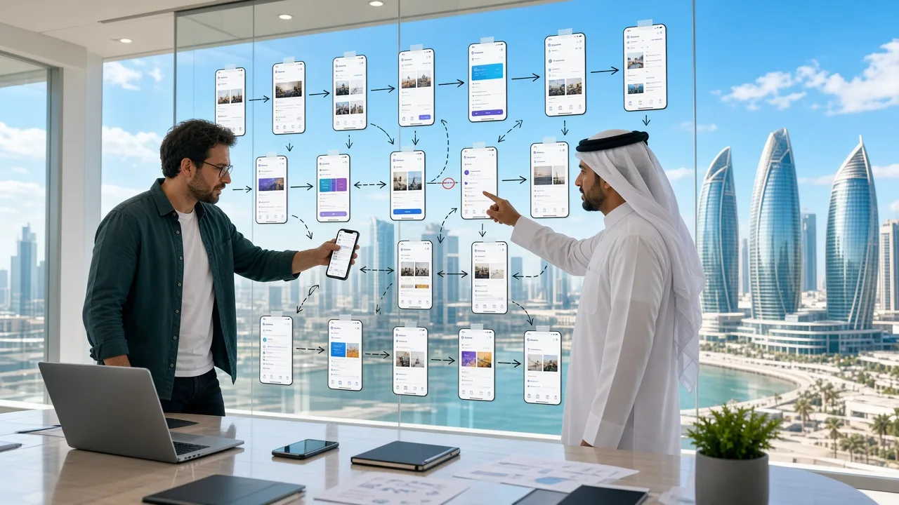 PWA consultant mapping app screens with a client on a glass wall in Lusail