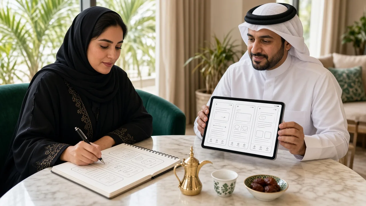 Business owner sketching a software idea with a development lead