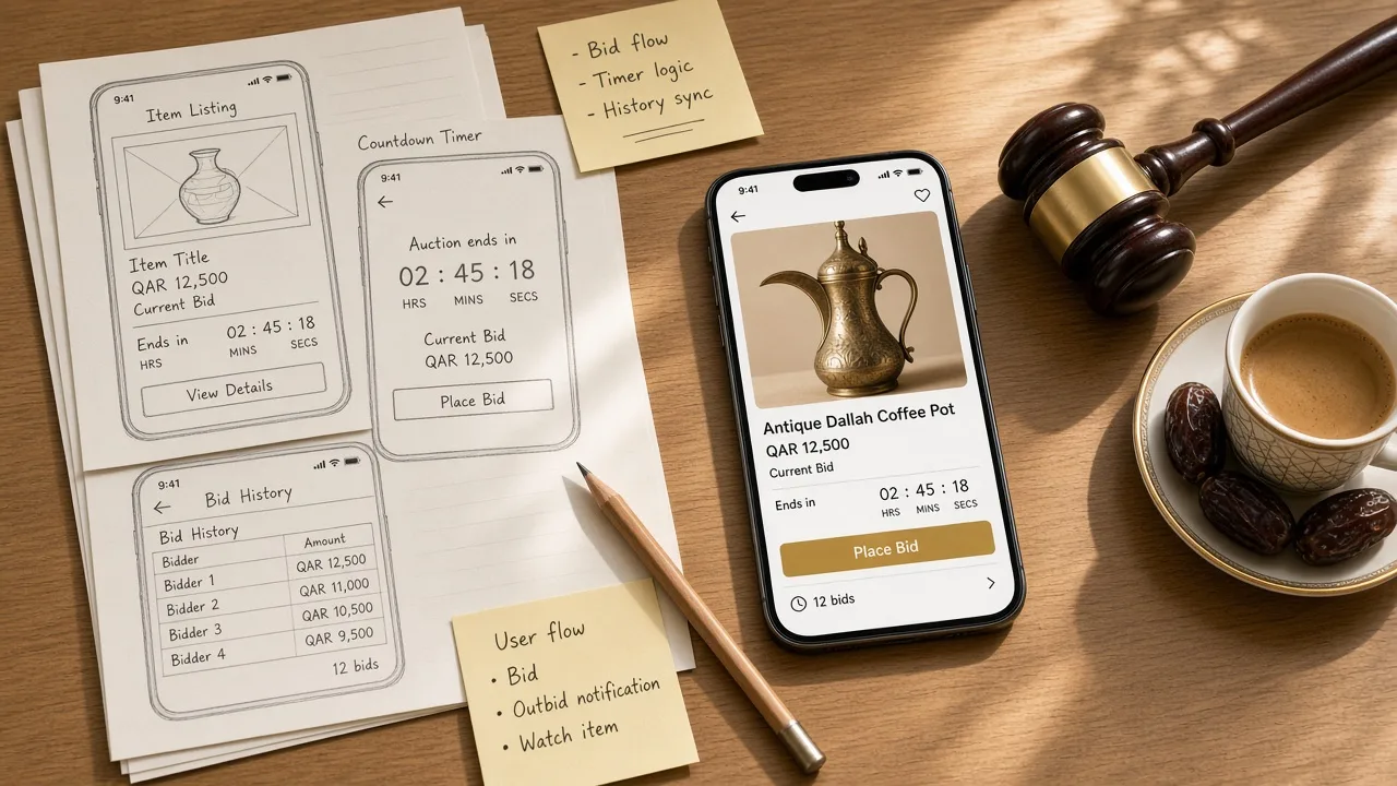 Auction app wireframe sketches beside a wooden gavel, a smartphone, and Arabic coffee on a desk in Doha
