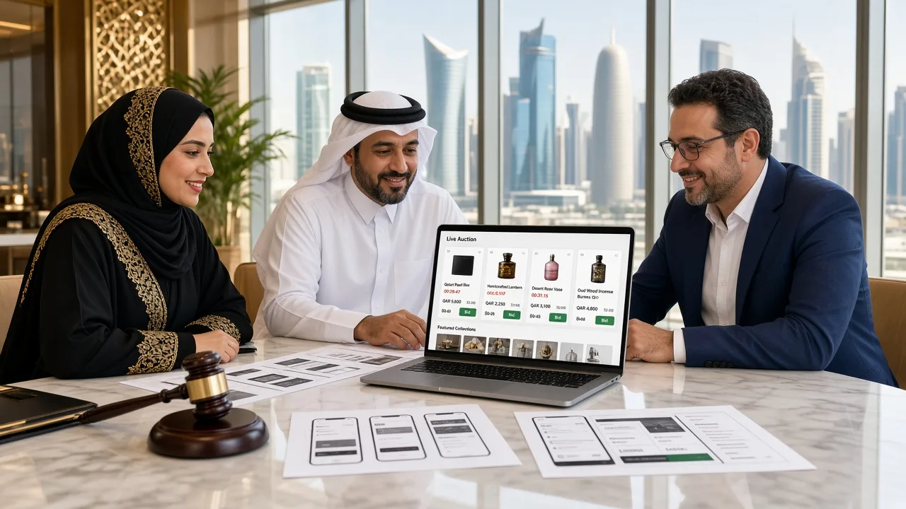 Auction business owners planning an online bidding platform with a development consultant in a bright Lusail office